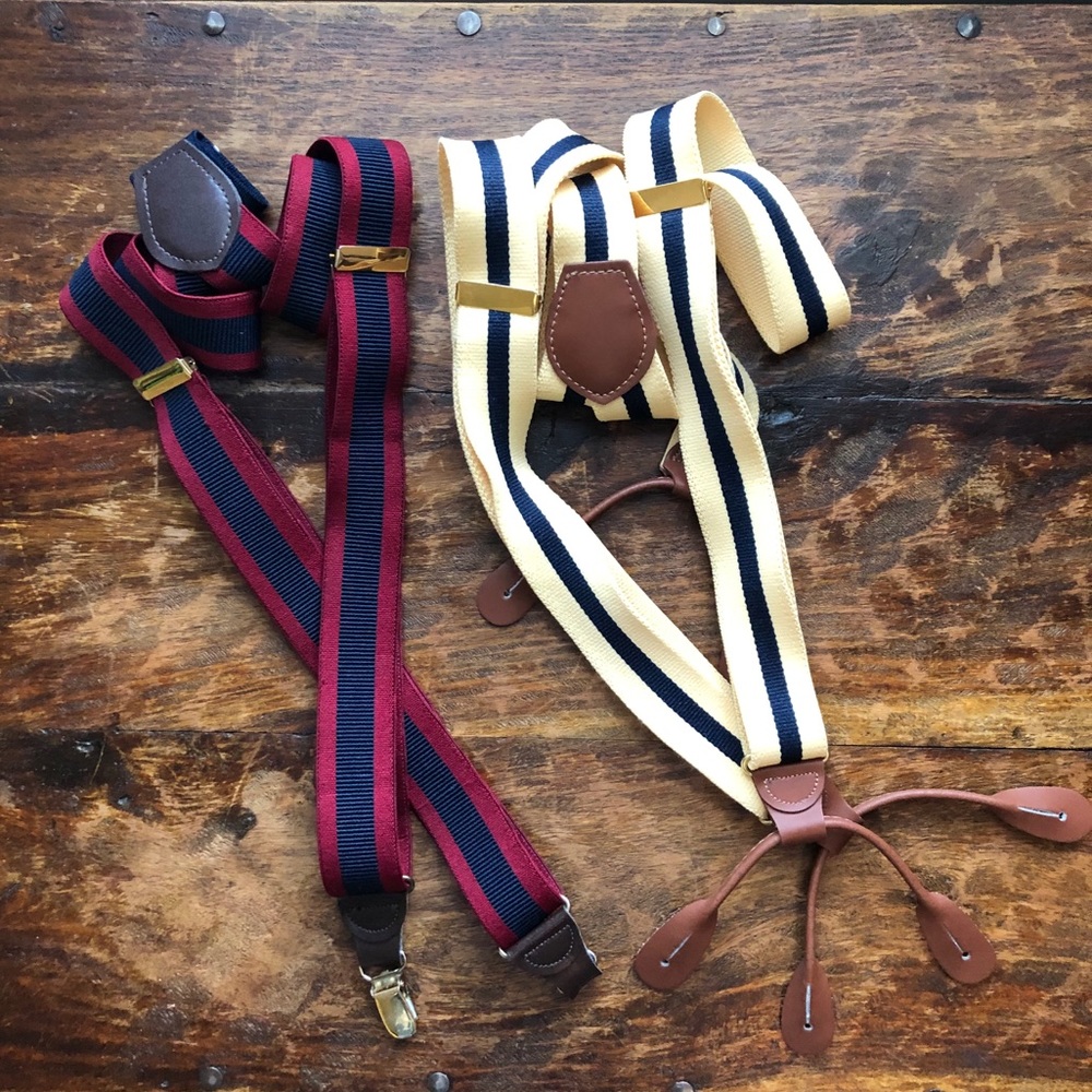 Mens yellow red blue suspenders gold snap button
